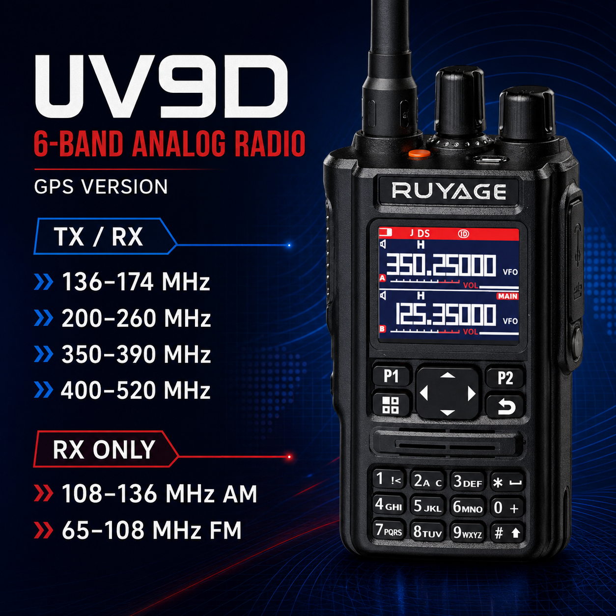RUYAGE UV9D 6-Band GPS Bluetooth Analog Walkie Talkie
