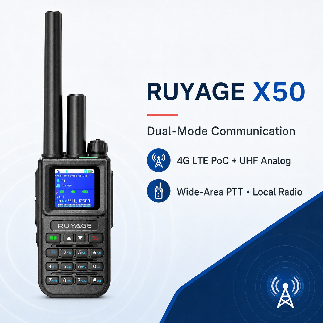 RUYAGE X50 Dual-Mode 4G LTE PoC & 10W UHF Walkie Talkies – 2-Pack