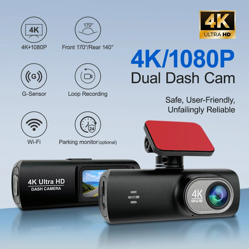 4K Dash Cam 2Inch UHD Front Rear Car DVR WiFi APP Control Night Vision 2Channel