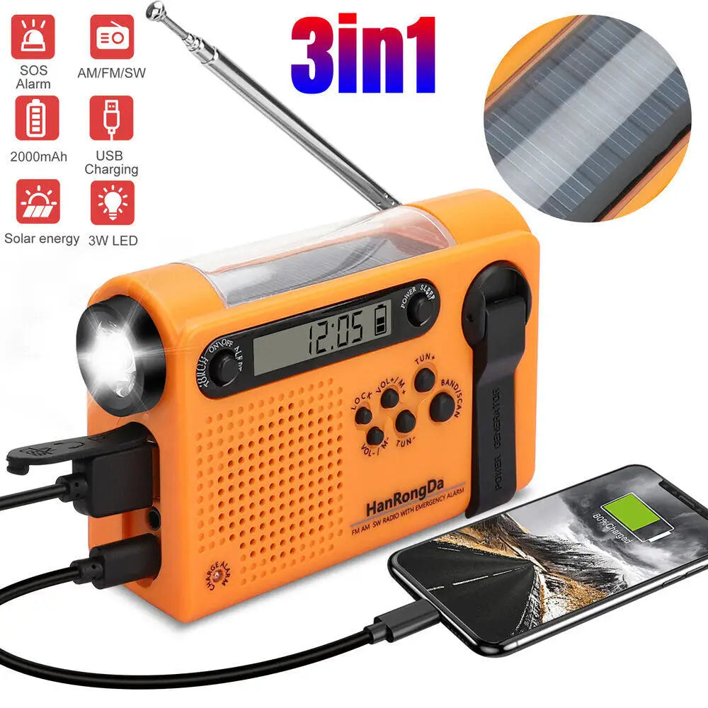 Emergency Solar Hand Crank Radio AM FM SW Weather Power Bank Phone Charger