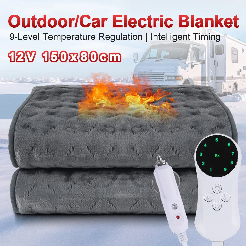 12V Car Heated Electric Blanket 9 Heat Levels Micro Plush Single Person Warm
