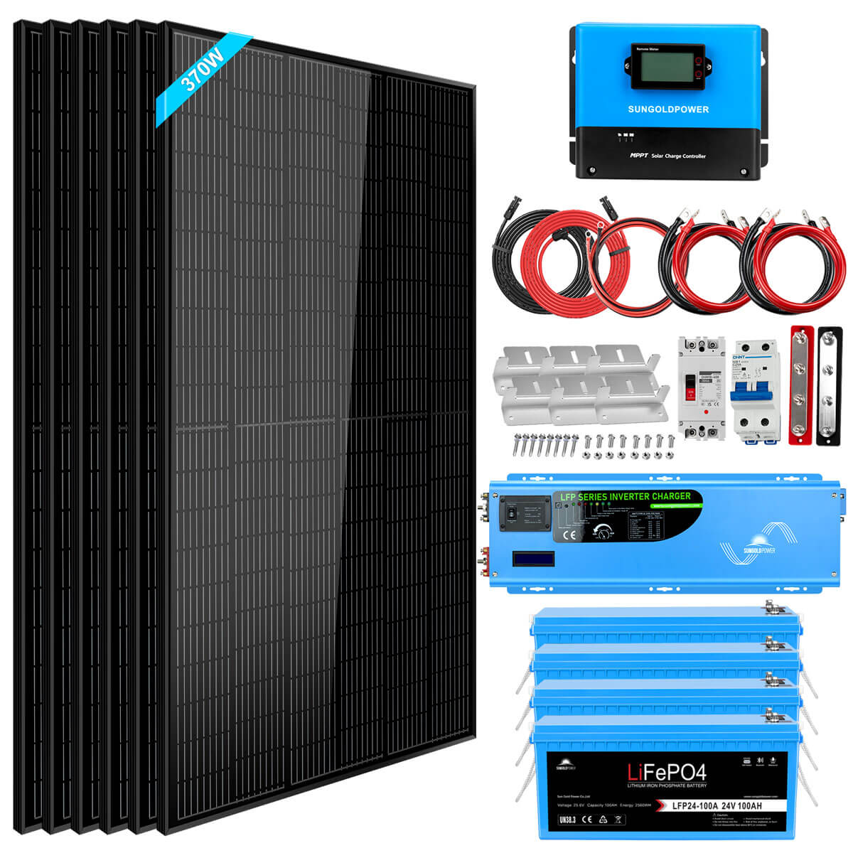 Off Grid Solar Kit 6000W 24VDC 120V/240V LiFePO4 10.24KWH Lithium Battery 6 X 370 Watt Solar Panels SGK-PRO62