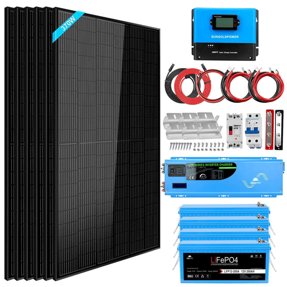Off Grid Solar Kit 6000W 24/ 48VDC 120V/240V LifePO4 10.24KWH Lithium Battery 6 X 370 Watt Solar Panels SGK-PRO64/ SGK-PRO62