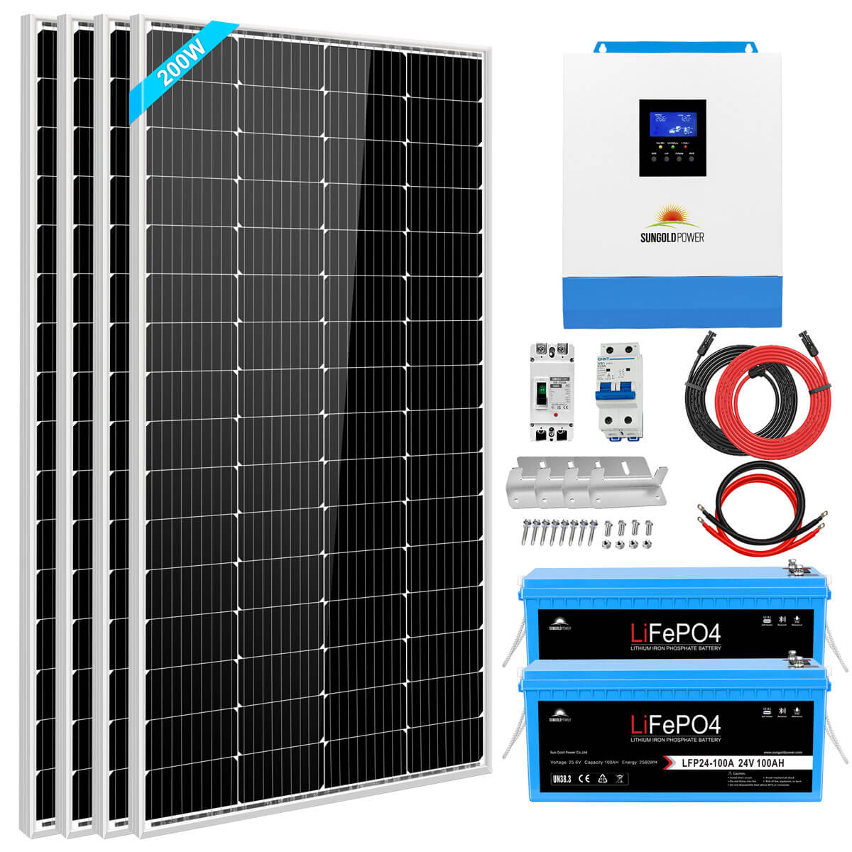 Solar Kit 3000W 24V Inverter 120V output Lithium Battery 800 Watt Solar Panel SGKT-3PRO