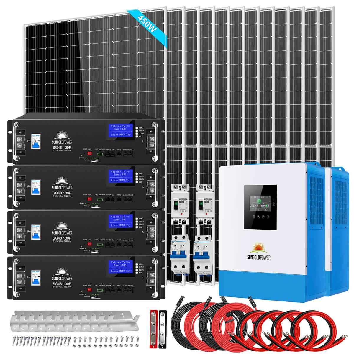Off Grid Solar Kit 10000W 48VDC 120VAC/240V 20.48KWH Lithium Battery 12 X 450 Watts Solar Panels SGM-10M2T