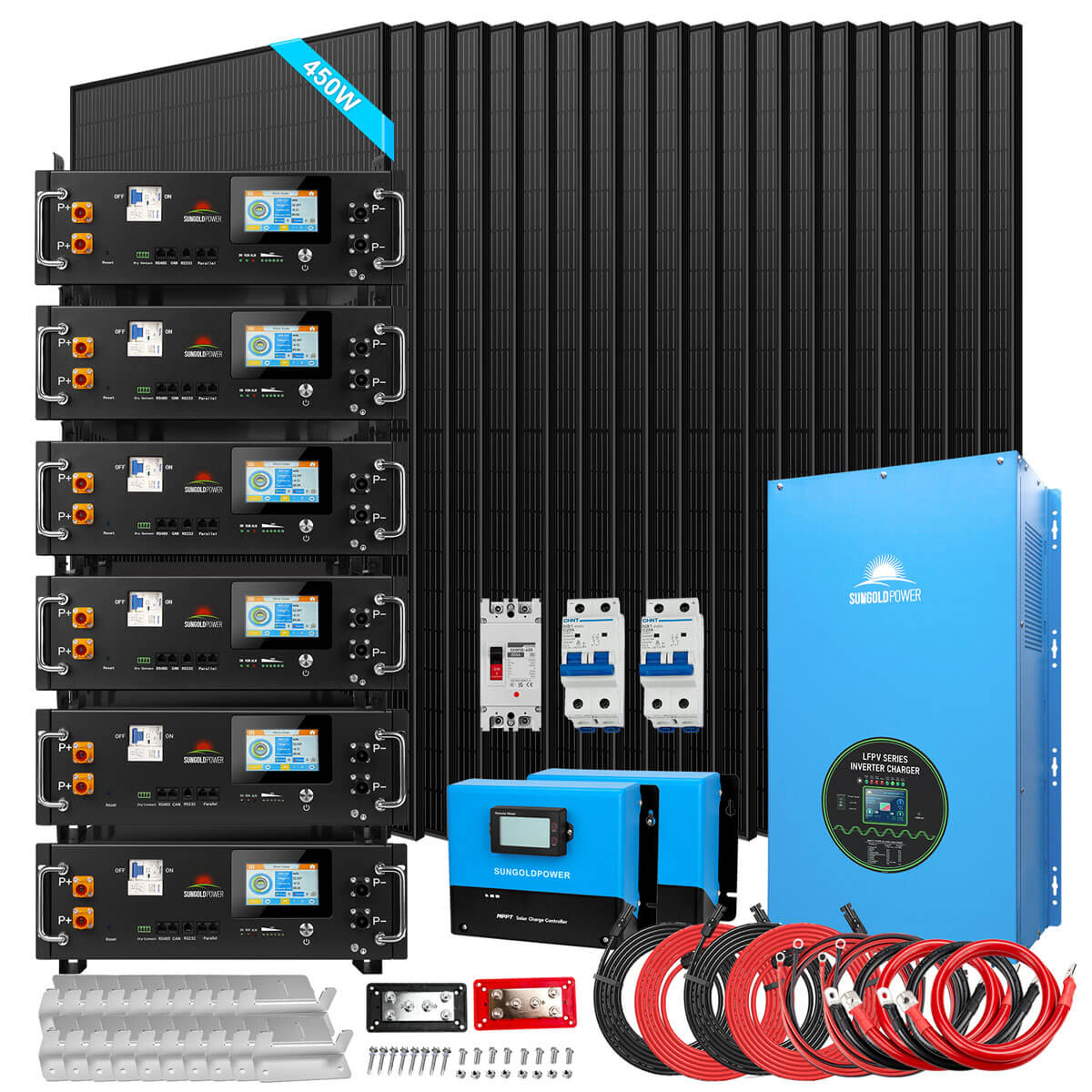 Off-Grid Solar Kit 15000W 48VDC 120V/240V LiFePO4 30.72KWH Lithium Battery 20 X 450 Watts Solar Panels SGR-15K20E