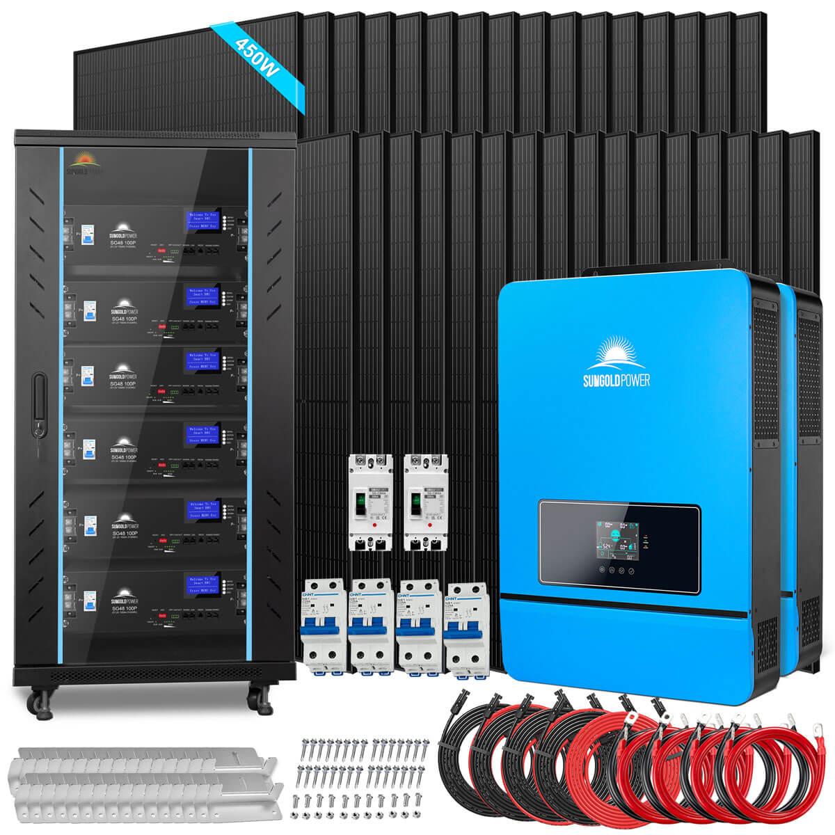 OFF GRID SOLAR KIT 20KW 48VDC 120V/240V LIFEPO4 30.72KWH-32.14KWH LITHIUM BATTERY 32 X 450 WATTS SOLAR PANELS SGR-20K30E