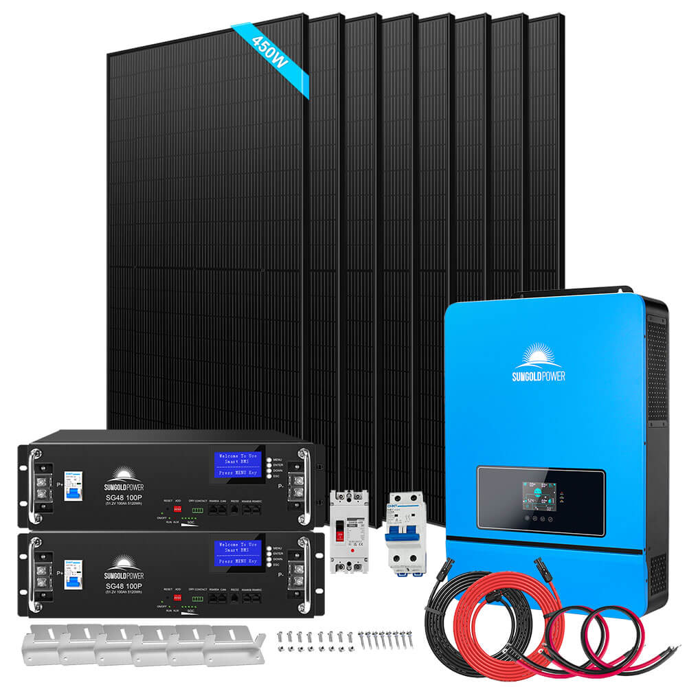 Off-Grid Solar Kit 8000W 48VDC 120V/240V LifePo4 10.24KWH-16.07KWH Lithium Battery 8 X 450 Watts Solar Panels SGR-8K10E