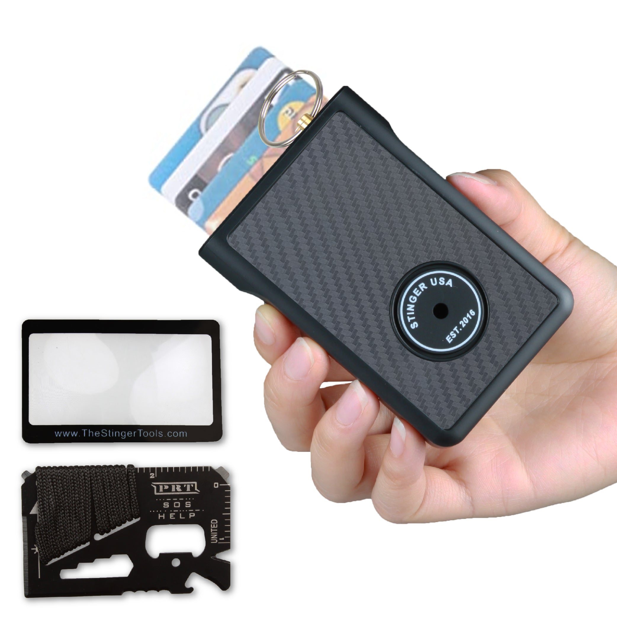 Stinger Minimalist Wallet, Card Holder, Safety Wallet with Personal Alarm, Multi-functional Tool, and Magnifier (Black Carbon Fiber) (SC)