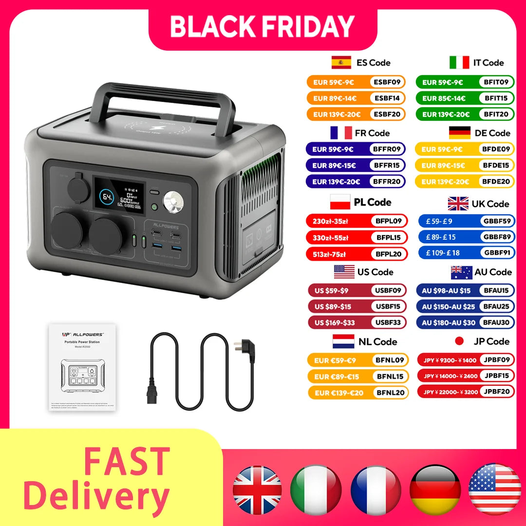 R600 Portable Power Station 299Wh LiFePO4 Battery 2x600W AC Outlets 1200W Surge