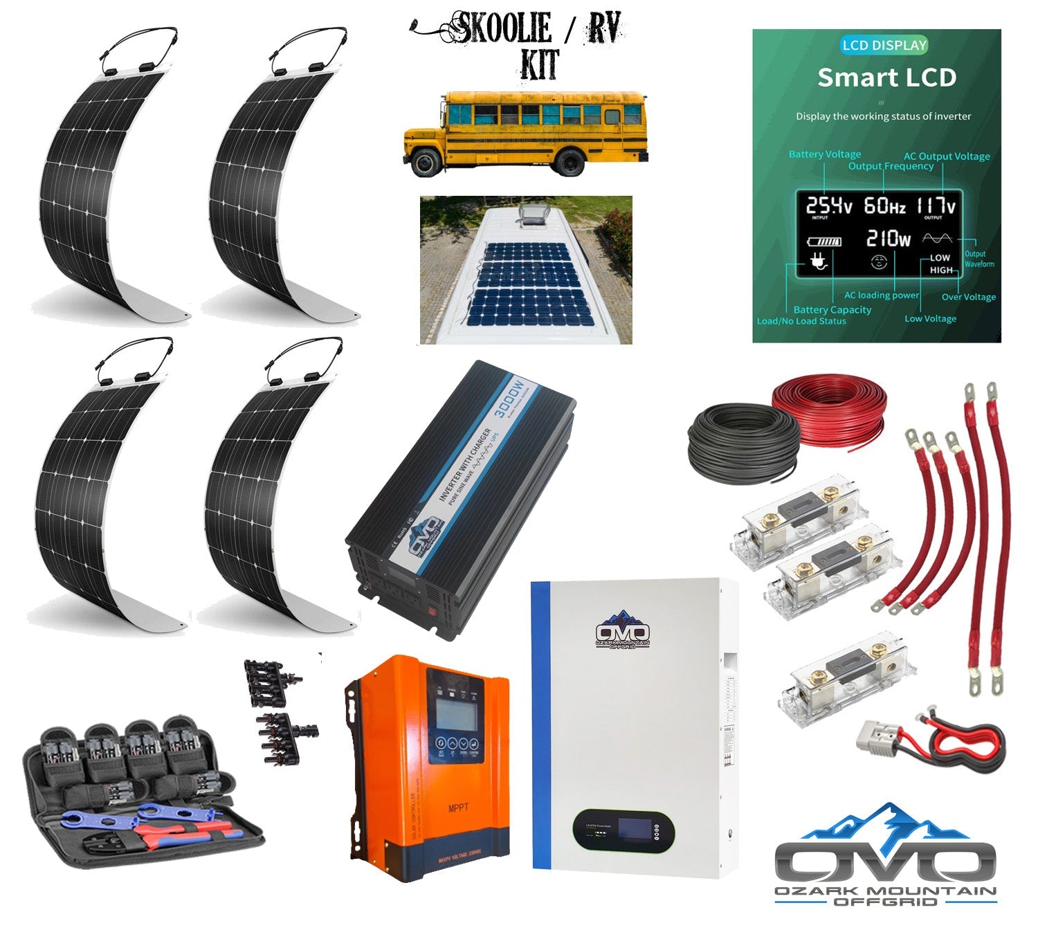 Complete Skoolie Solar System Kit / 4x 130W Flexible Solar Panels / 60A MPPT Charge Controller / 3000 Watt Inverter / OMO 5.12KW Patriot Lithium 48V Battery (SC)