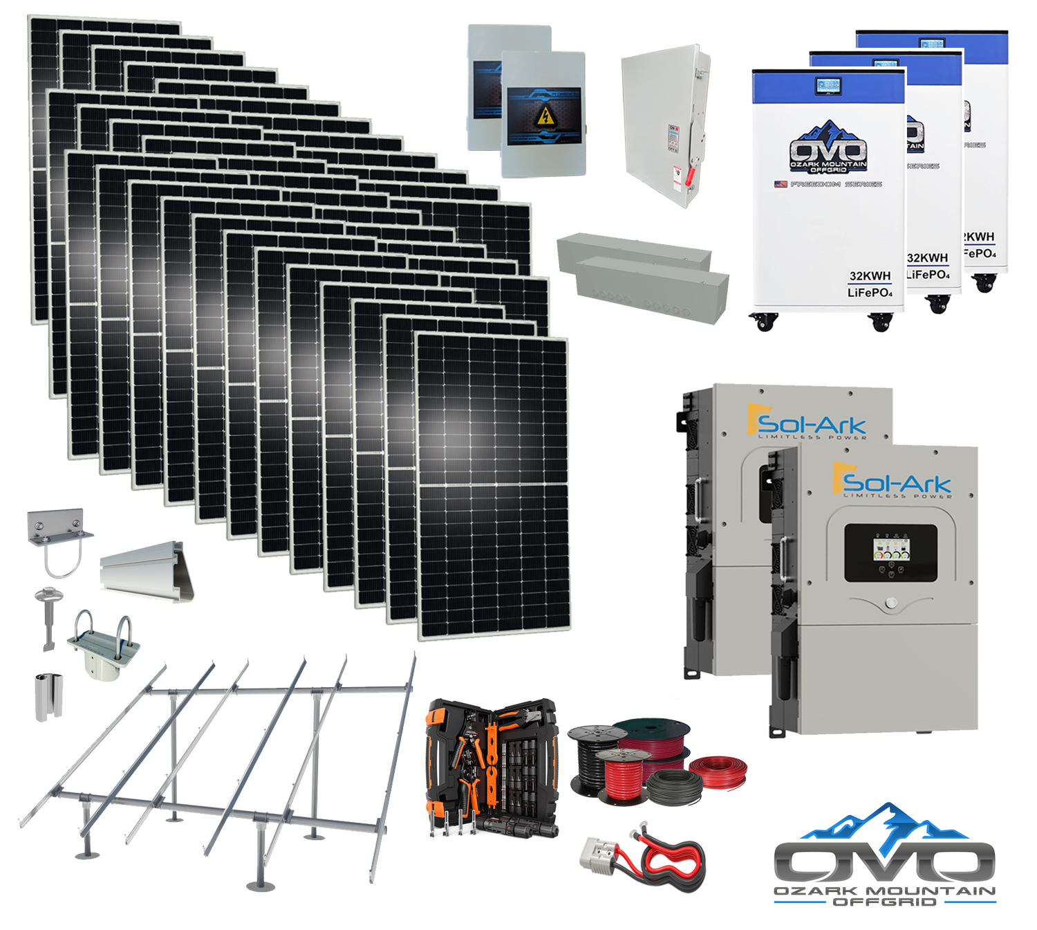 20KW Complete Offgrid Solar Kit - 3x 32kWh OMO 48V Freedom Series Lithium Battery + 2x 15K Sol-Ark Inverter +19.8KW Solar with Ground Mount and Wiring (SC)