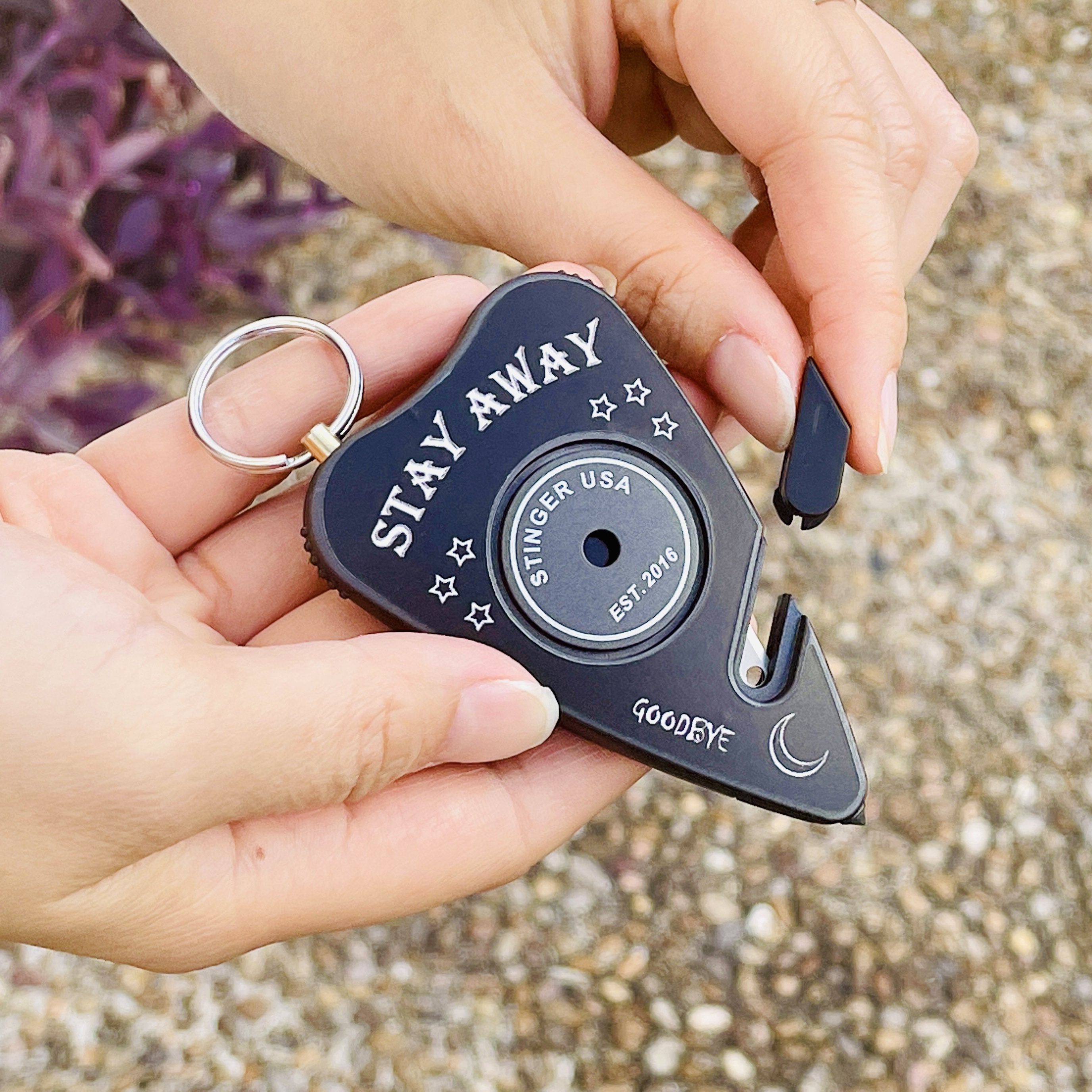 Stinger Stay Away Personal Safety Alarm Keychain Emergency Tool: Siren Alarm, Seat Belt Cutter, Glass Breaker (Black Stay Away) (SC)