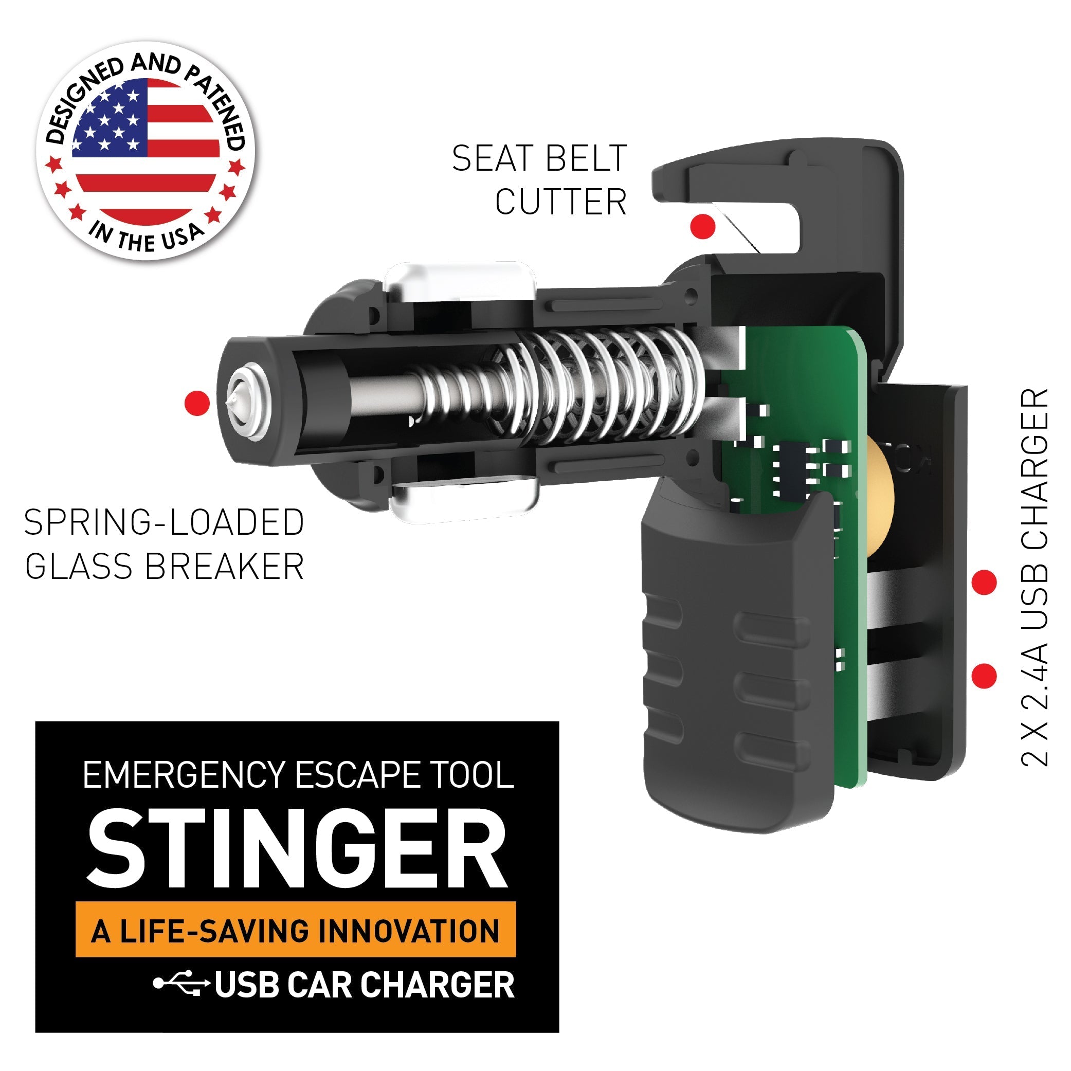 Stinger USB Car Charger Emergency Tool, Seatbelt Cutter, Spring-Loaded Car Window Breaker (White) (SC)