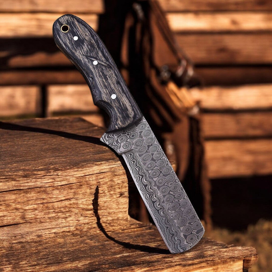 Premium Damascus Bull Cutter Knife - 8" Tear Drops Damascus Steel with Exotic Black Wood Handle (SC)