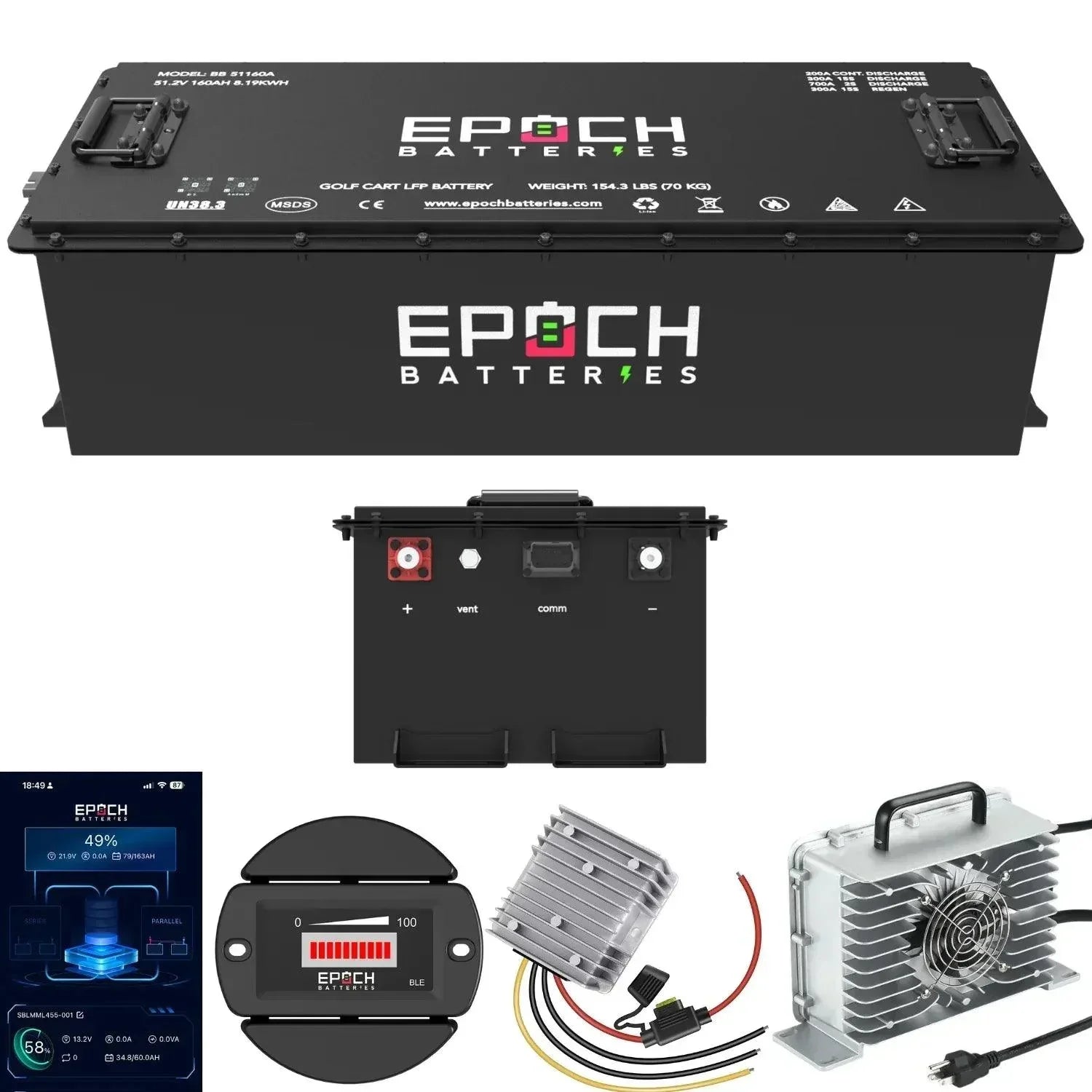 Epoch Batteries 48V 160Ah - LiMax Series - Lithium (LiFePO4) Golf Cart Battery - Complete Kit (SC)
