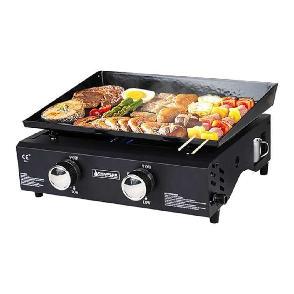 Camplux GP102B Portable 2 Burners Gas Plancha, Garden BBQ Griddle Grill 4.0kW, Outdoor Picnics, Suitable for Butane/Propane Gas