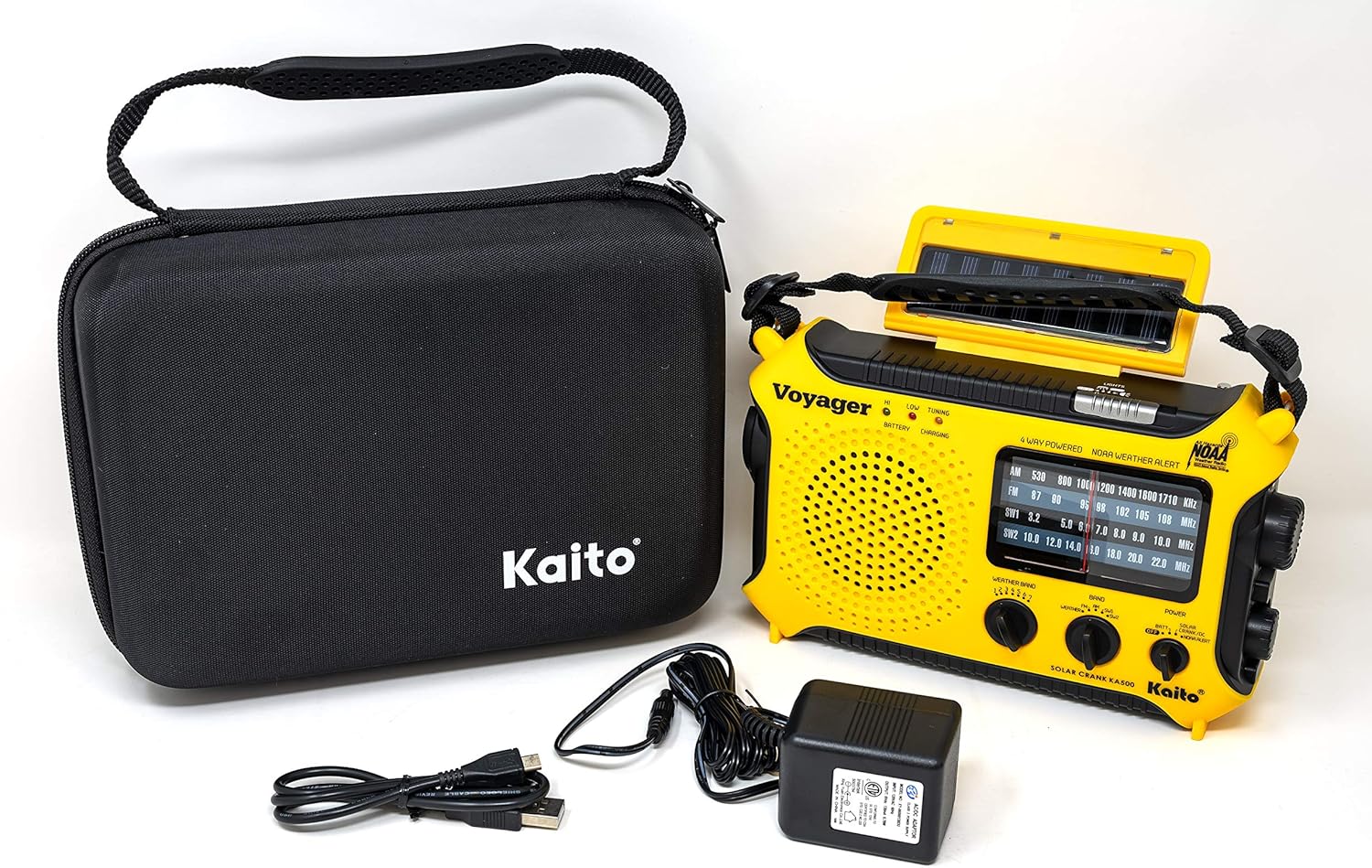 Kaito KA500 Voyager Solar Crank Emergency Weather Alert Radio Bundle with AC Adapter and Carrying Case, Yellow (SC)