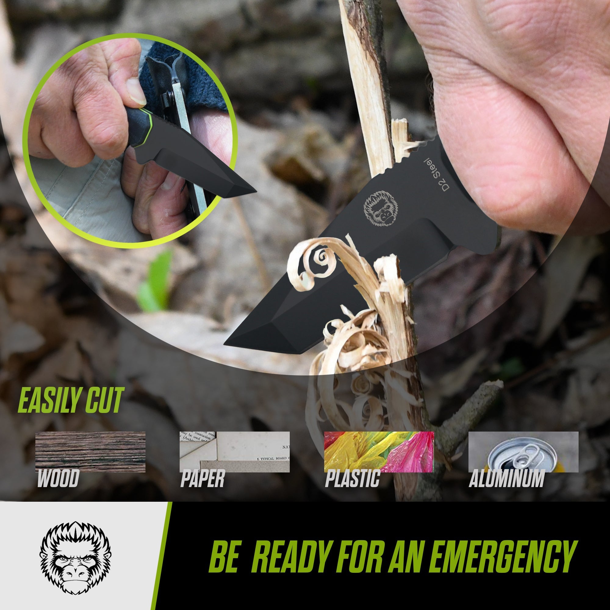 The Wakizashi Survival Neck Knife Giftset for Outdoors (Black Blade + Green Liner) (SC)