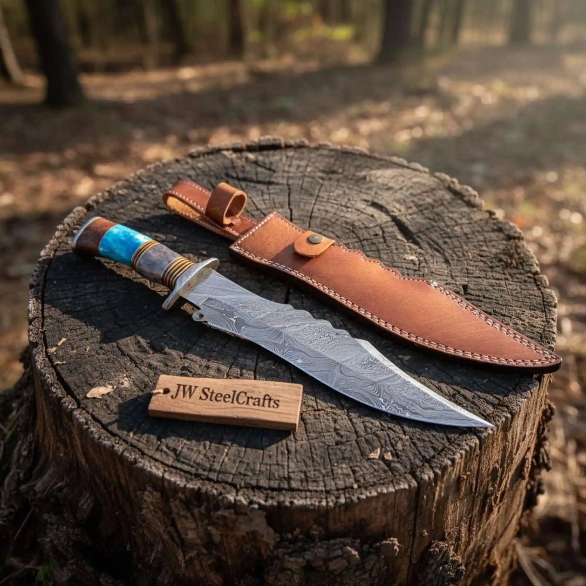 Handmade Damascus Clip Point Bowie Knife Stacked Bone and Wood Handle Fixed Blade JW SteelCrafts