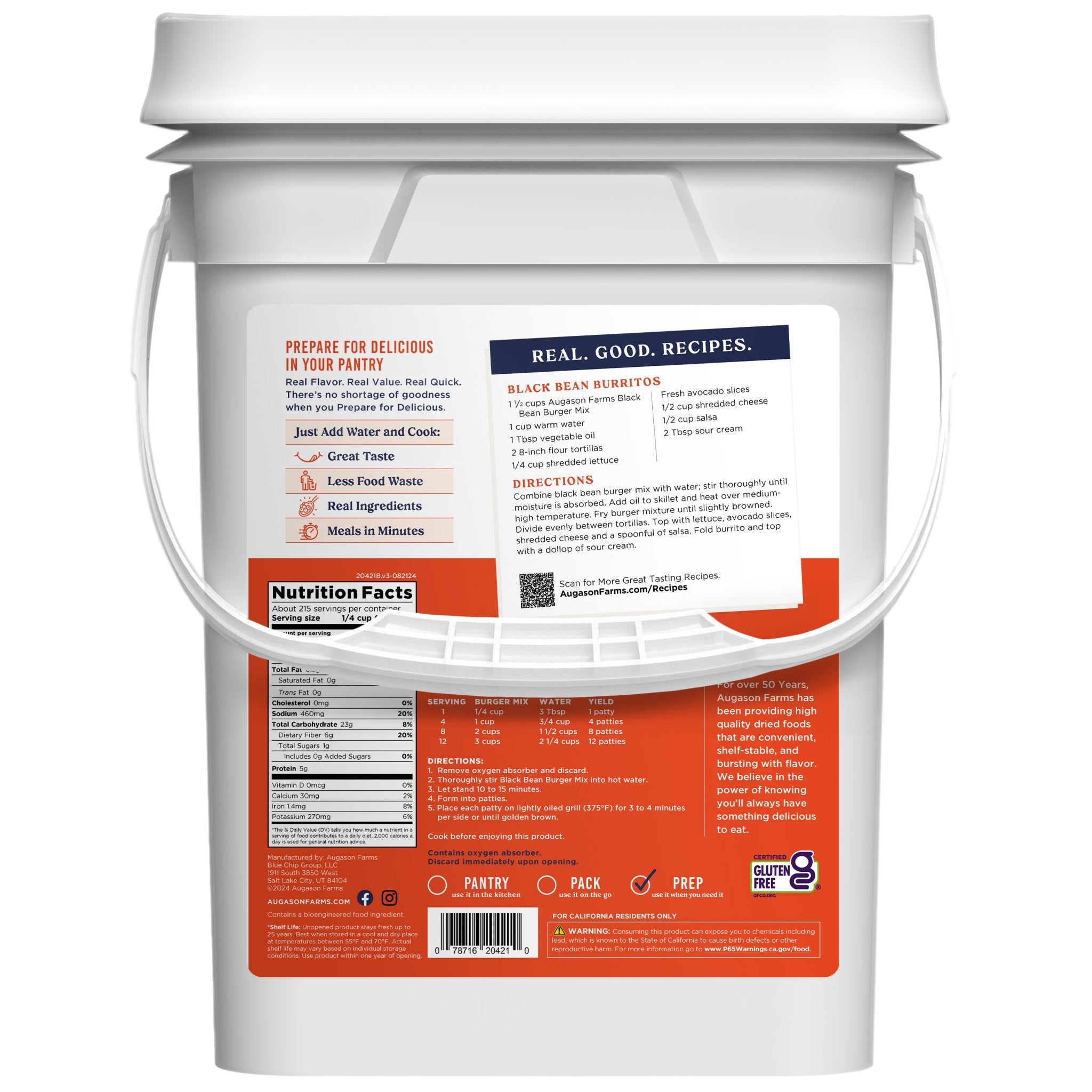 Gluten Free Black Bean Burger Mix 4 Gallon Pail, 215 Servings (SC)