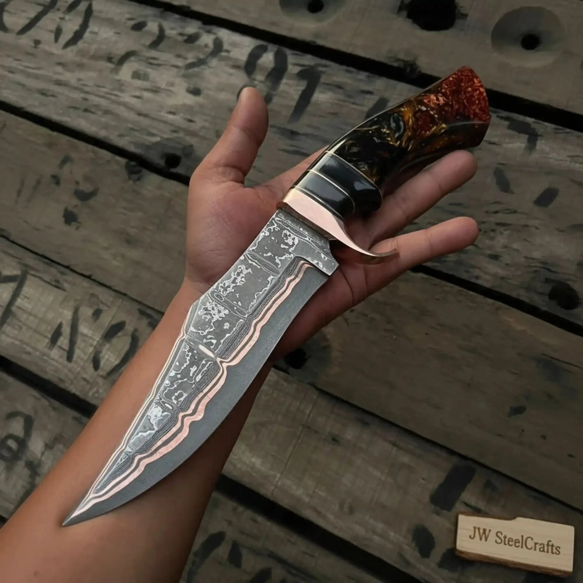 Copper San Mai Damascus Bowie with Clip Point Blade