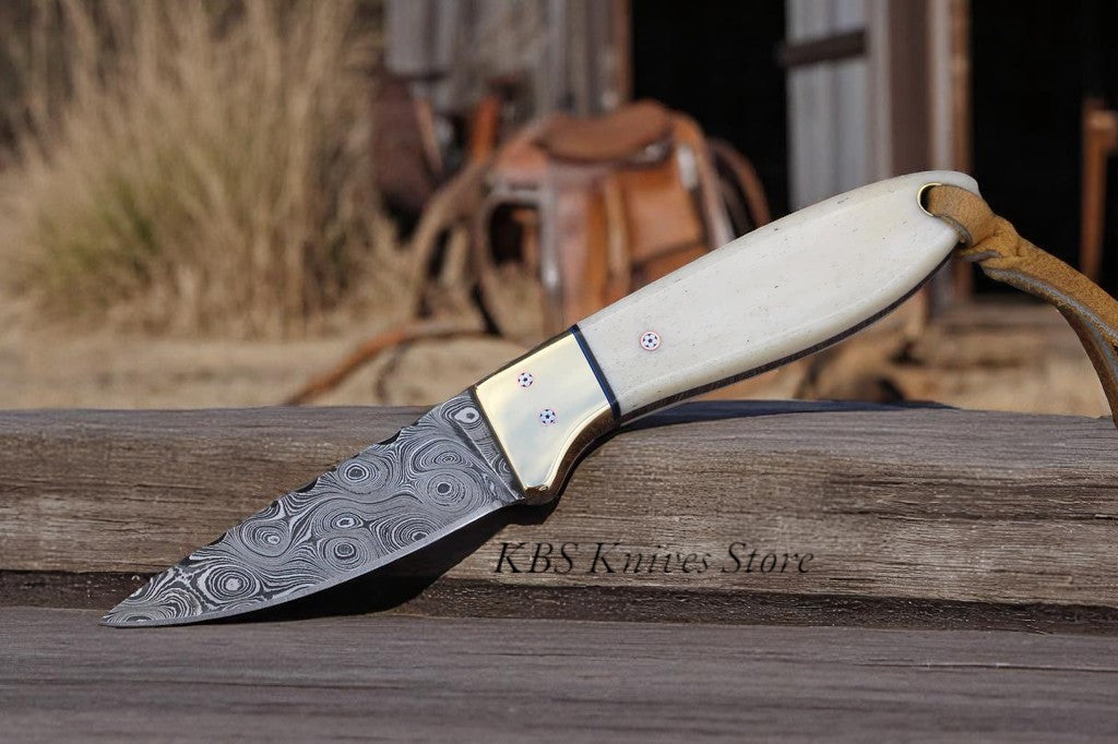 DUSTBONE EDGE – COWBOY BUCKAROO KNIFE WITH RAINDROPS DAMASCUS & DEER BONE (SC)