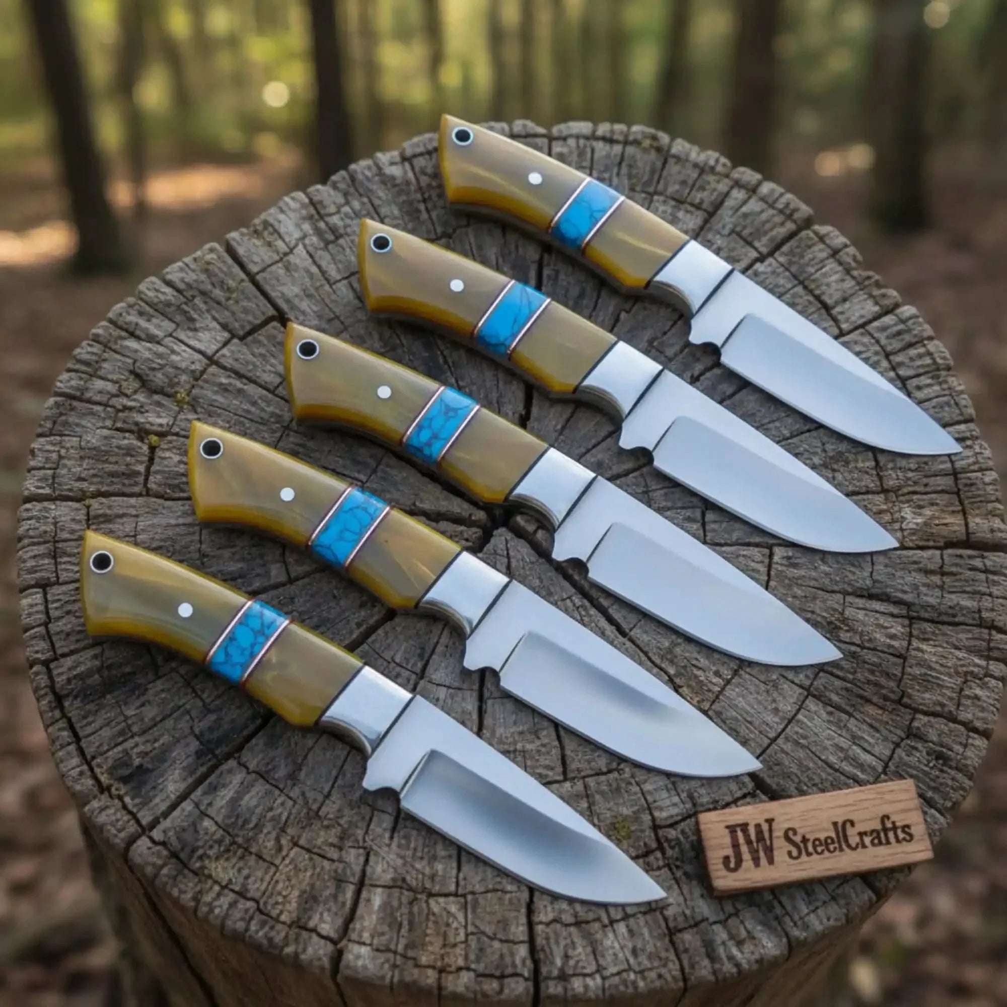 Desert Turquoise Bushcraft Knife Set 7" Handmade Set of 5 with Turquoise Spacers