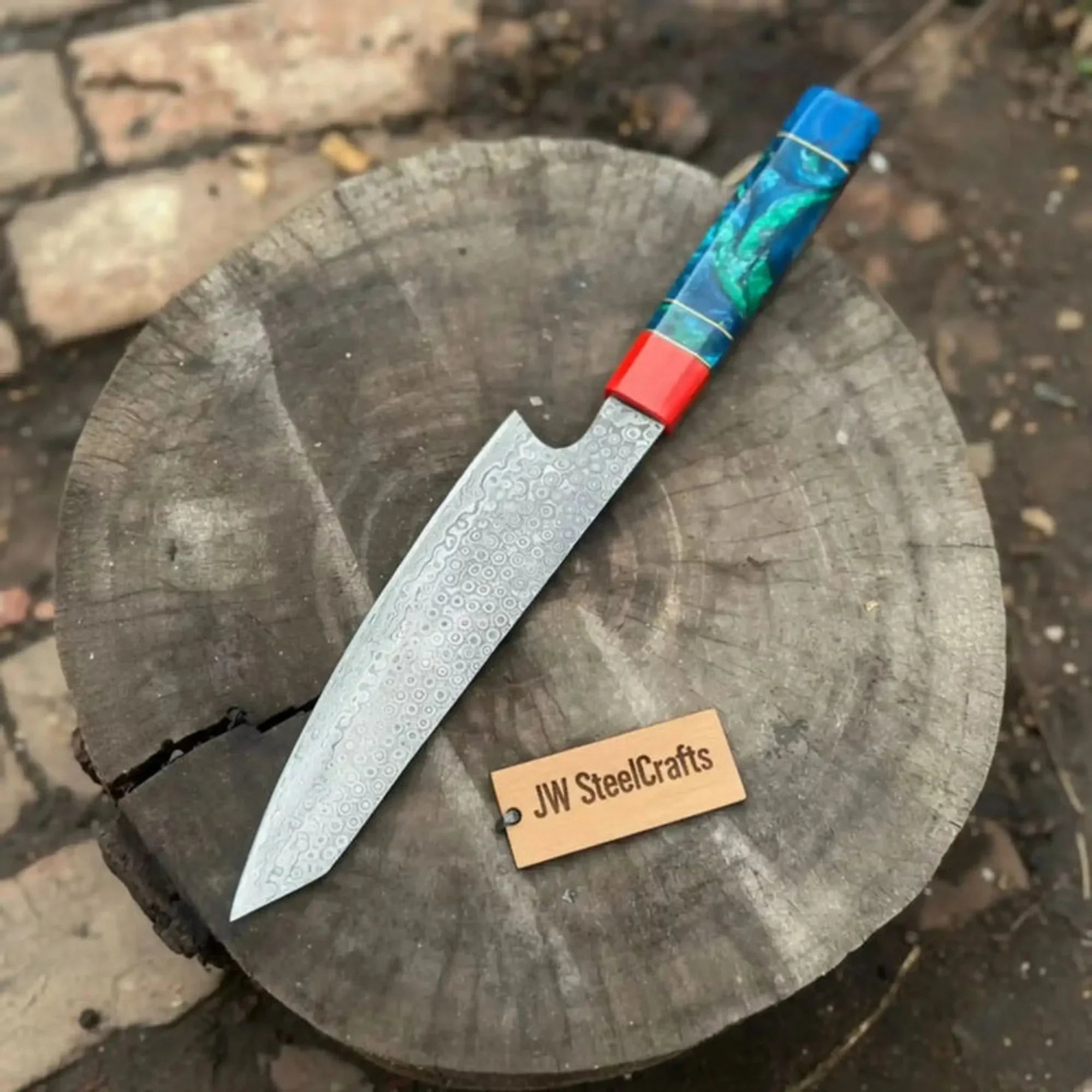Kiritsuke Style Chef Knife Raindrop Damascus Steel Blade Epoxy Resin Handle | Japanese Kitchen Knife