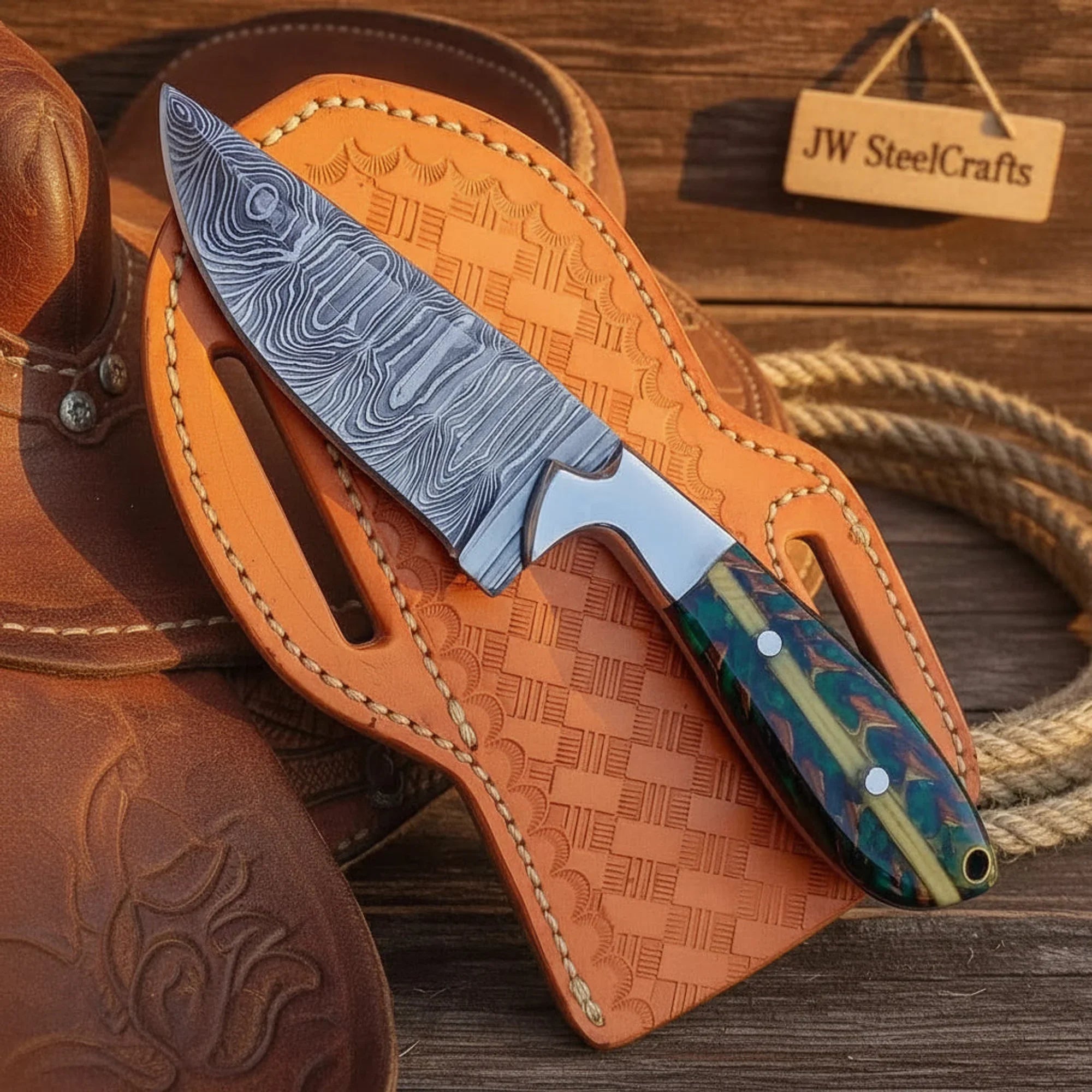 Custom Cowboy Damascus Fixed Blade Knife 7.5" Green Pinecone Handle Steel Bolster Leather Sheath