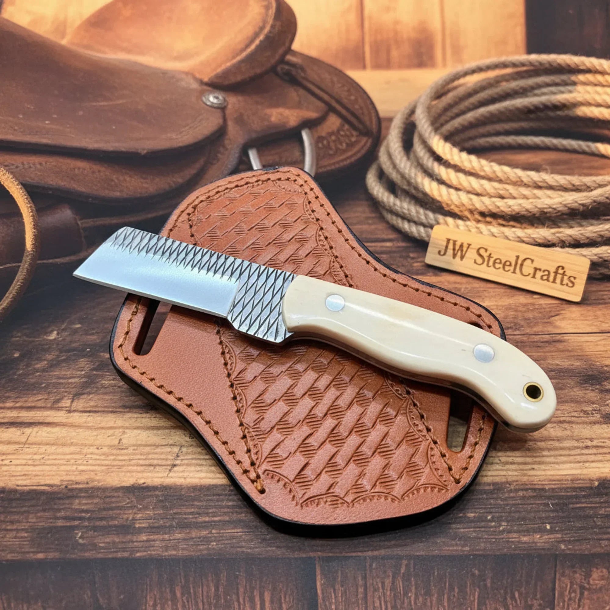Custom Handmade Cowboy Bull Cutter Knife Rasp Steel Camel Bone Handle Pancake Sheath