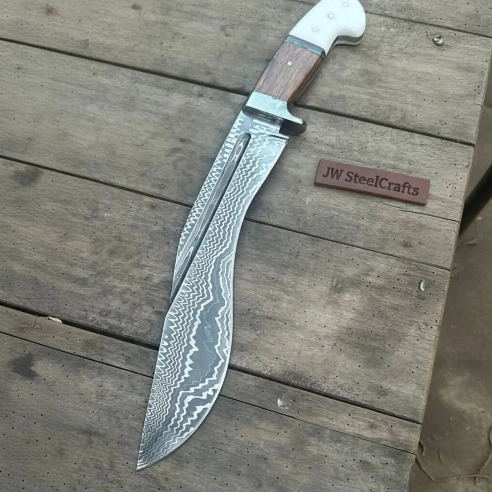 Damascus Gurkha Kukri Knife Handmade 10-Inch Curved Blade with Resin & Wood Handle