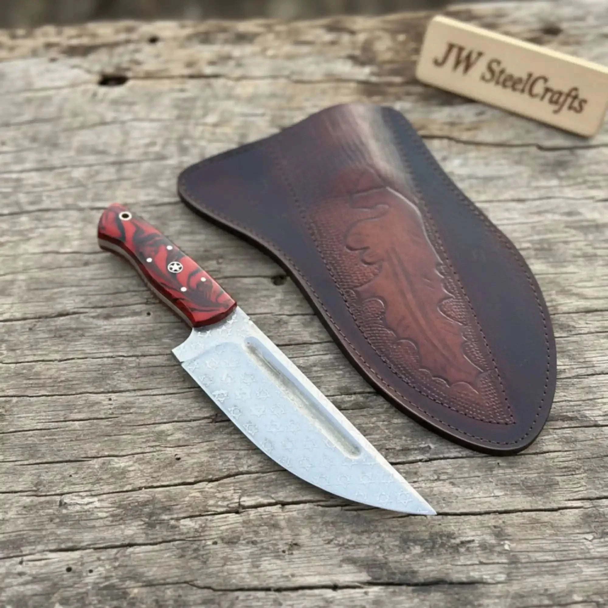 Handmade Damascus Skinner Knife 9-Inch Gut Hook Blade with Leather Sheath