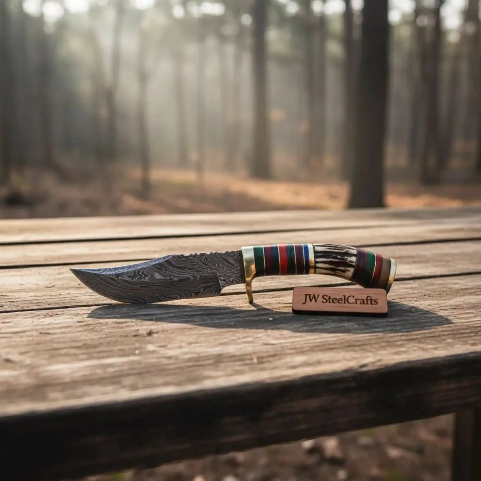 Damascus Steel Skinner Knife Deer Antler Handle Brass Guard Handmade Fixed Blade Hunting Knife