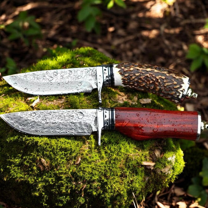 Custom Handmade Damascus Steel Hunting Knives – 9" with Wood and Antler Horn Handle (SC)