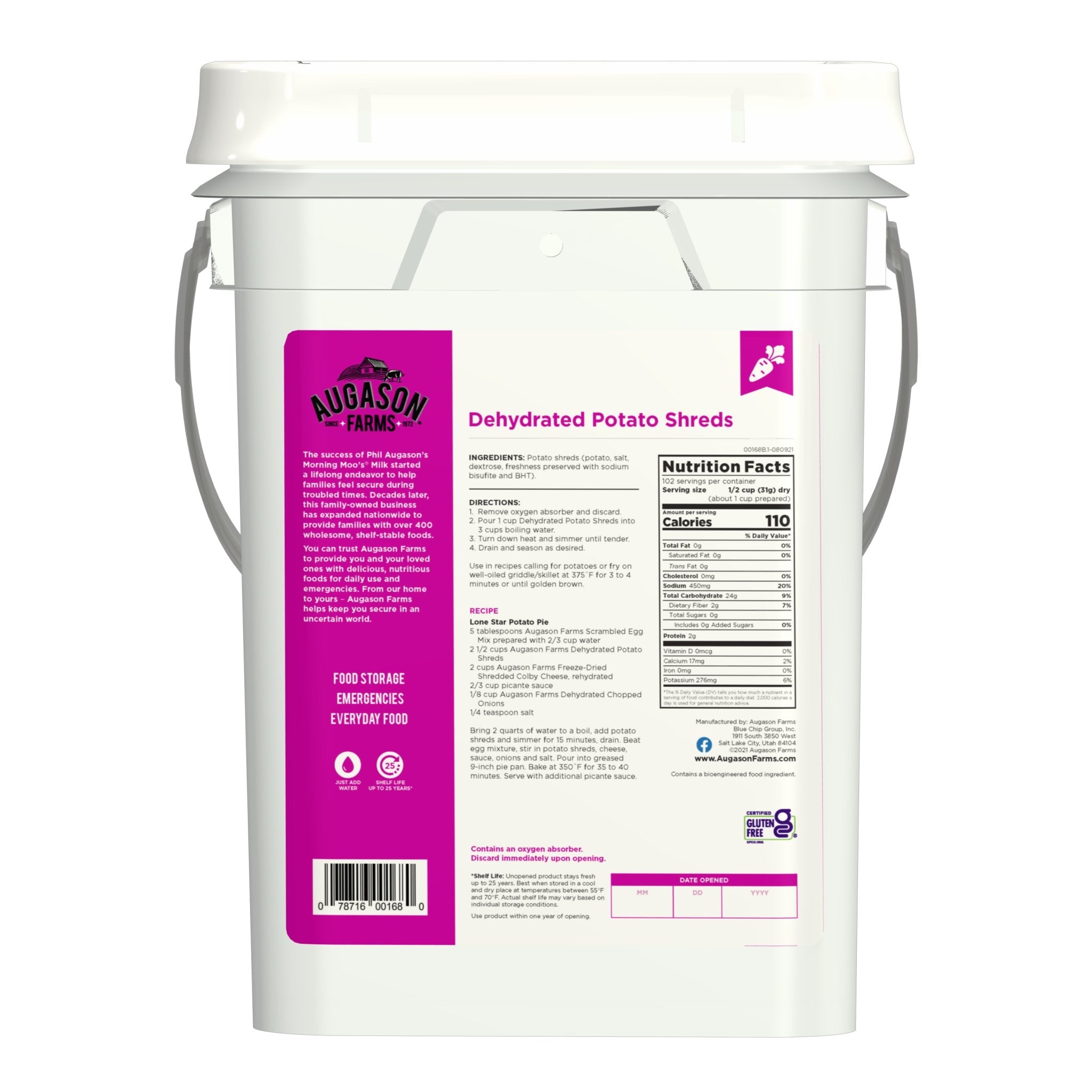 Dehydrated Potato Shreds Pail, 102 Servings (SC)