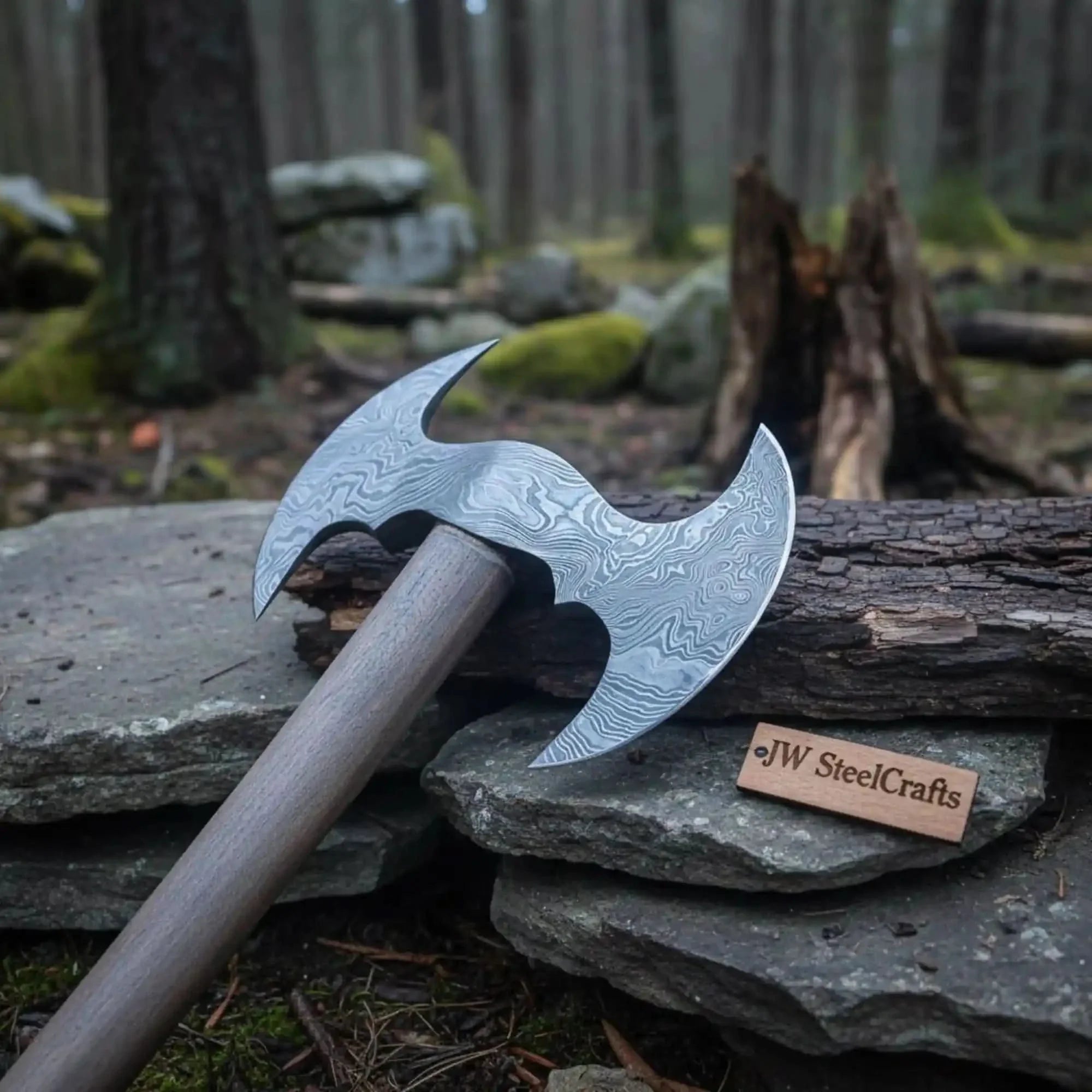 Custom Hand Forged Damascus Steel Viking Double Bit Throwing Axe with Hardwood Handle and Leather Sheath | JW SteelCrafts
