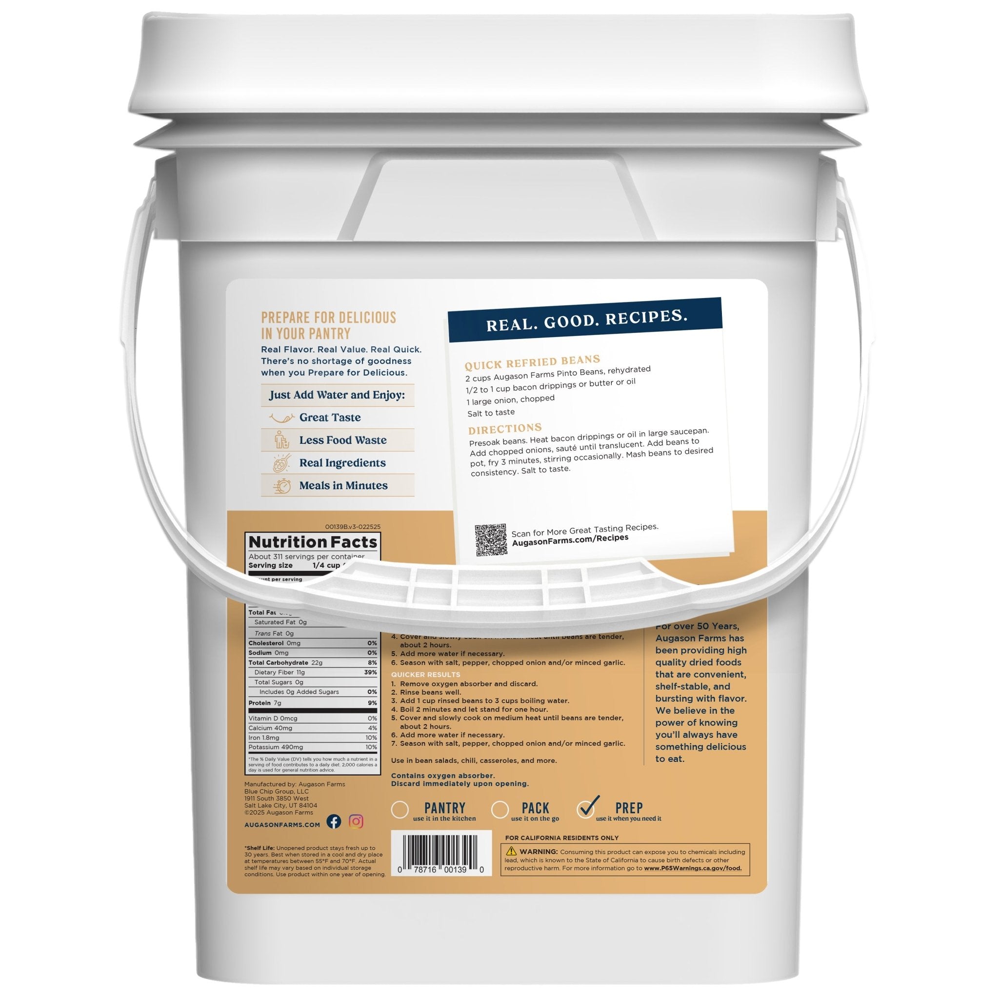 Dried Pinto Beans 4 Gallon Pail, 311 Servings (SC)