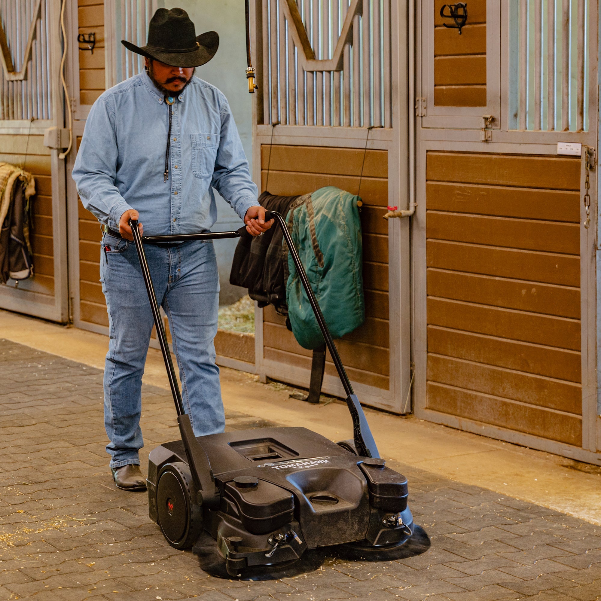 30" Battery Powered Push Sweeper with Triple Power Brooms Electric Drive and Dust Suppression Sprayer (SC)