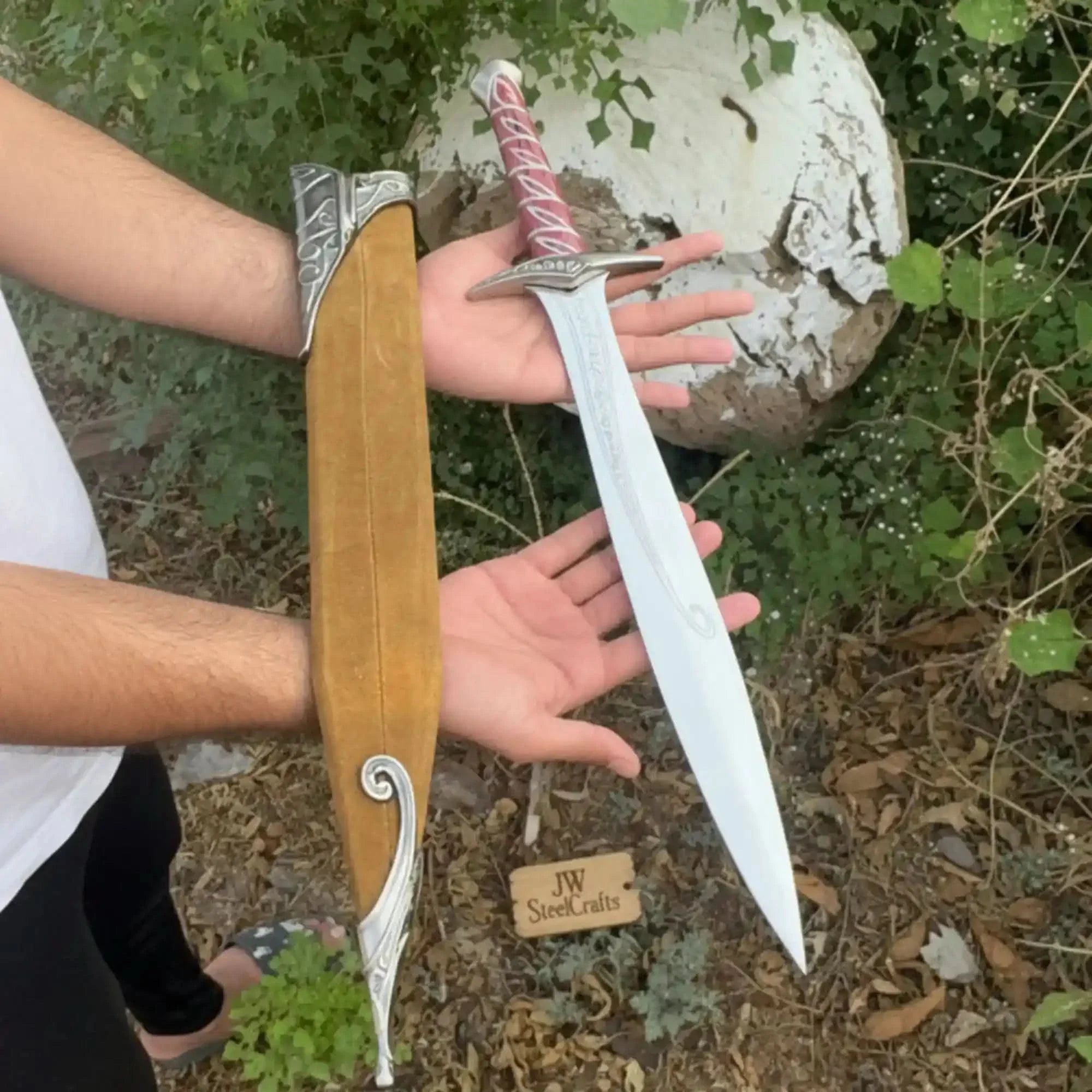 Handmade Elven inspired short sword replica with Reddish Wood Grip and Wooden Sheath