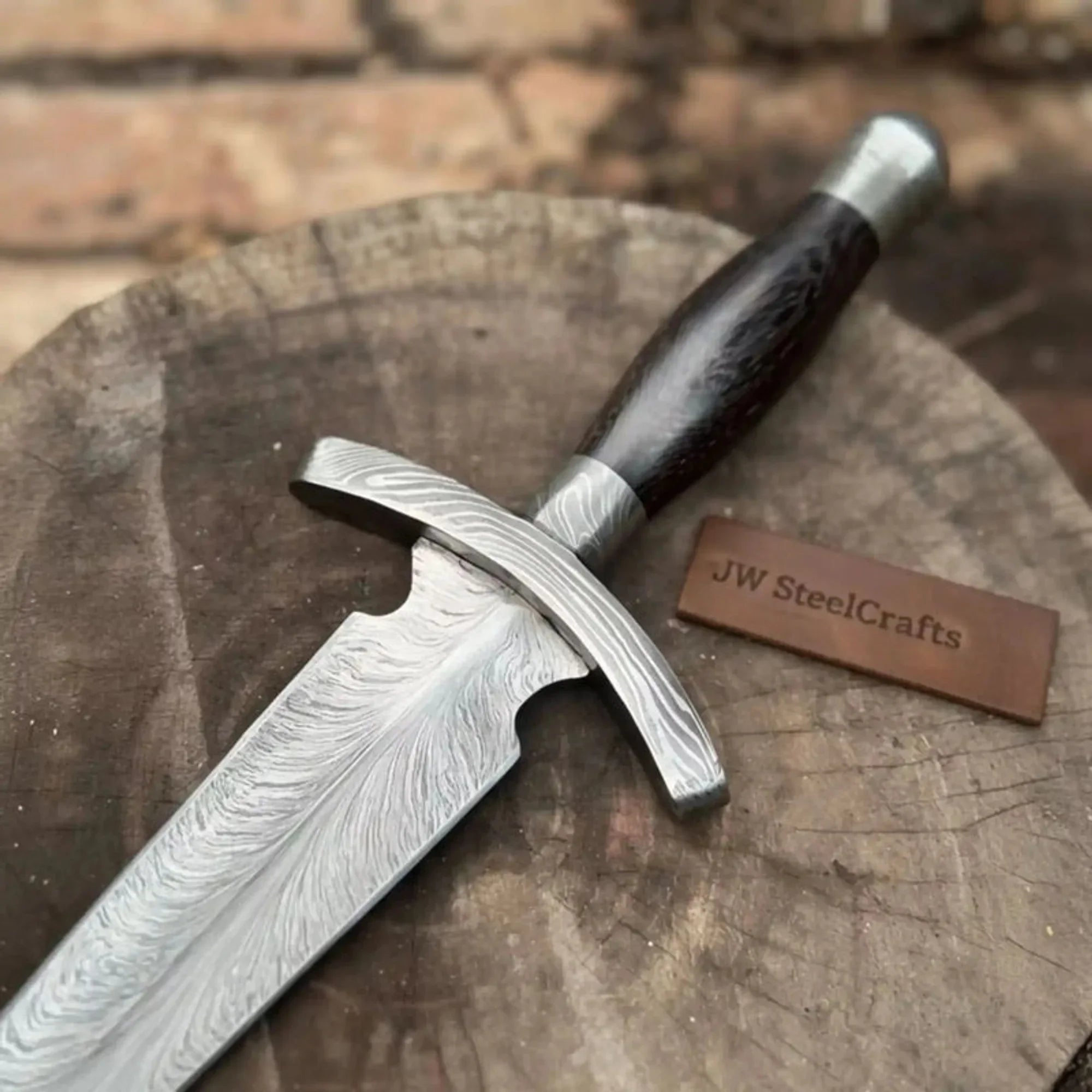 Damascus Double Edge Dagger 8” Knife Spear Point Blade Wooden Handle Crossguard Fixed Blade