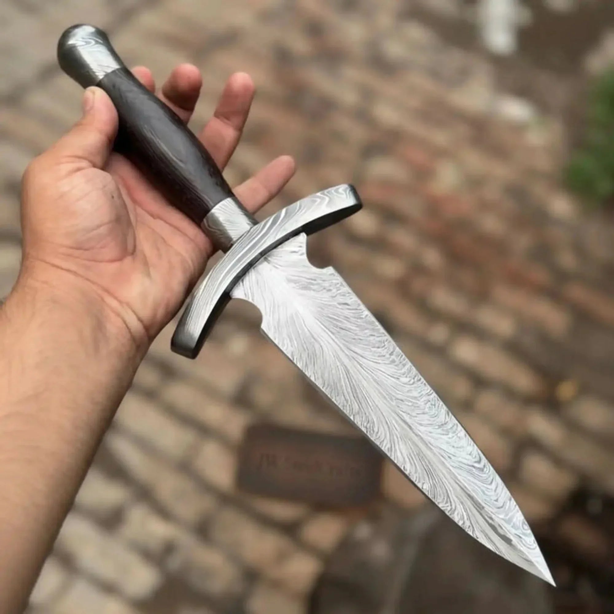 Damascus Double Edge Dagger 8” Knife Spear Point Blade Wooden Handle Crossguard Fixed Blade