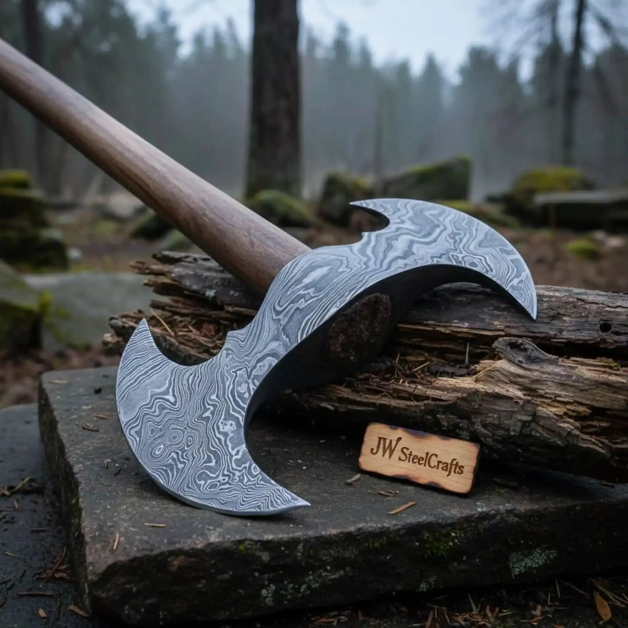 Custom Hand Forged Damascus Steel Viking Double Bit Throwing Axe with Hardwood Handle and Leather Sheath | JW SteelCrafts