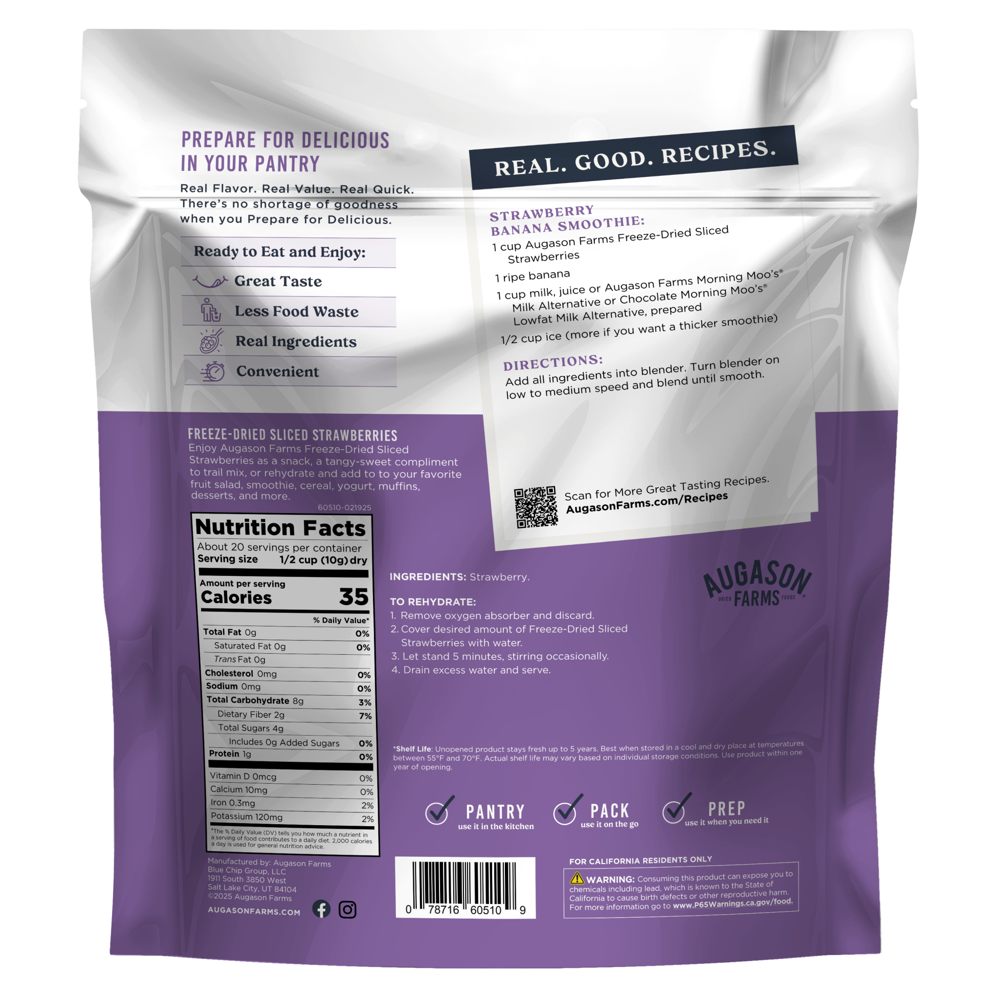 Freeze Dried Sliced Strawberries Family Size Pouch, 20 Servings (SC)