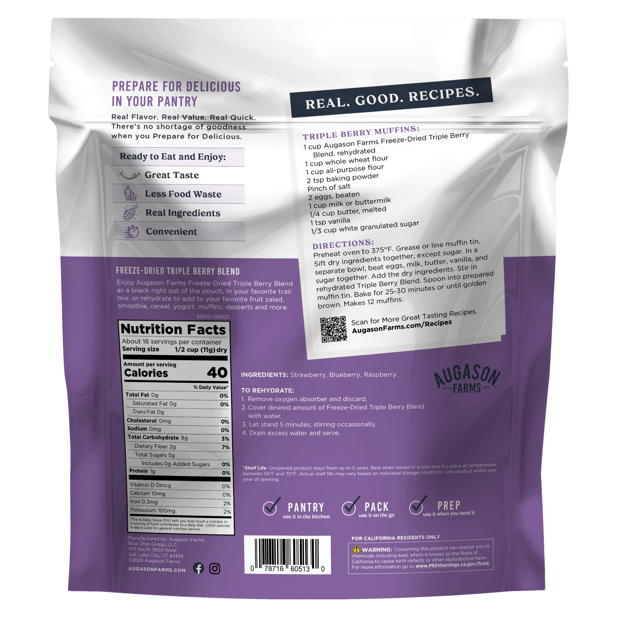 Freeze Dried Triple Berry Blend Family Size Pouch, 16 Servings (SC)
