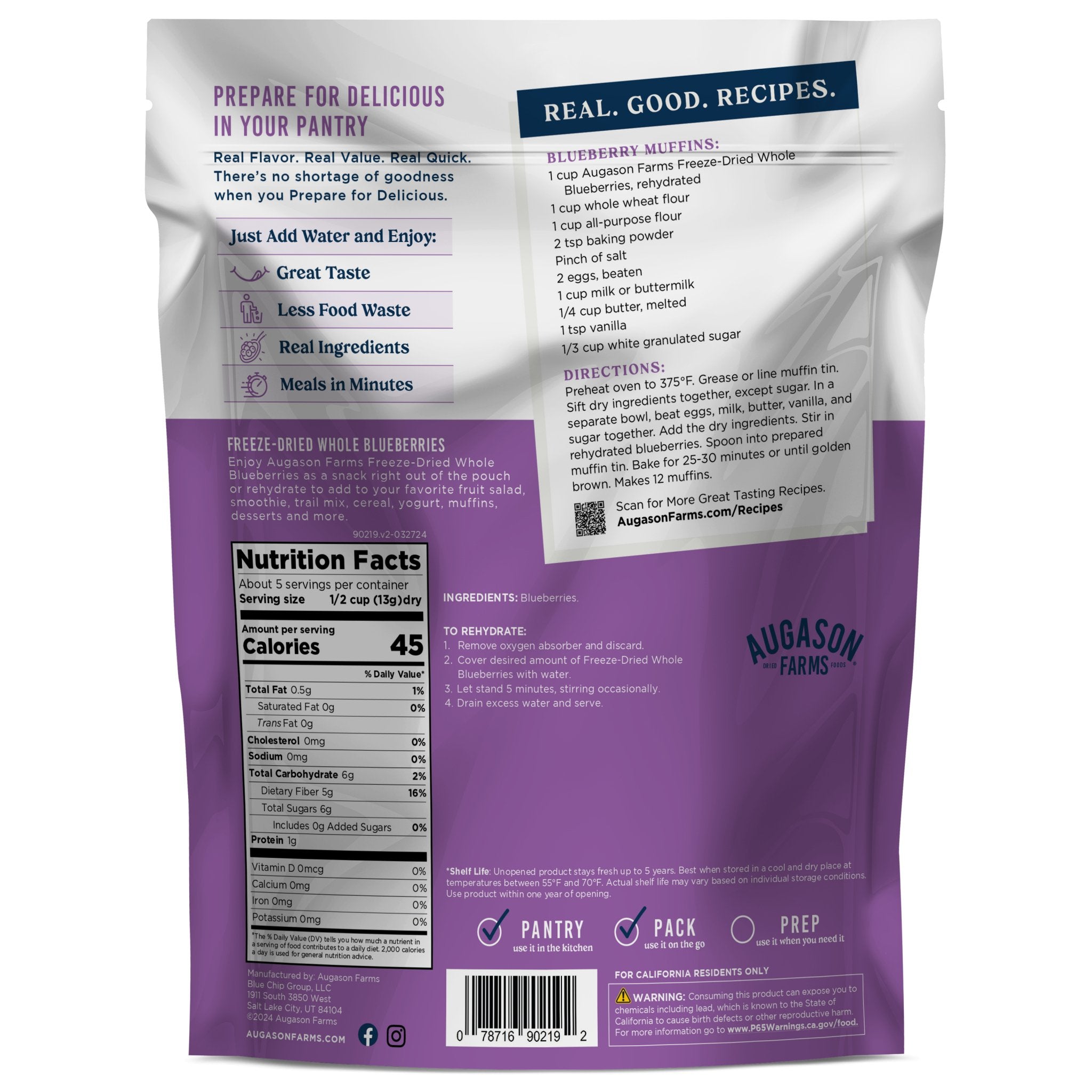 Freeze Dried Whole Blueberries Pouch, 5 Servings (SC)