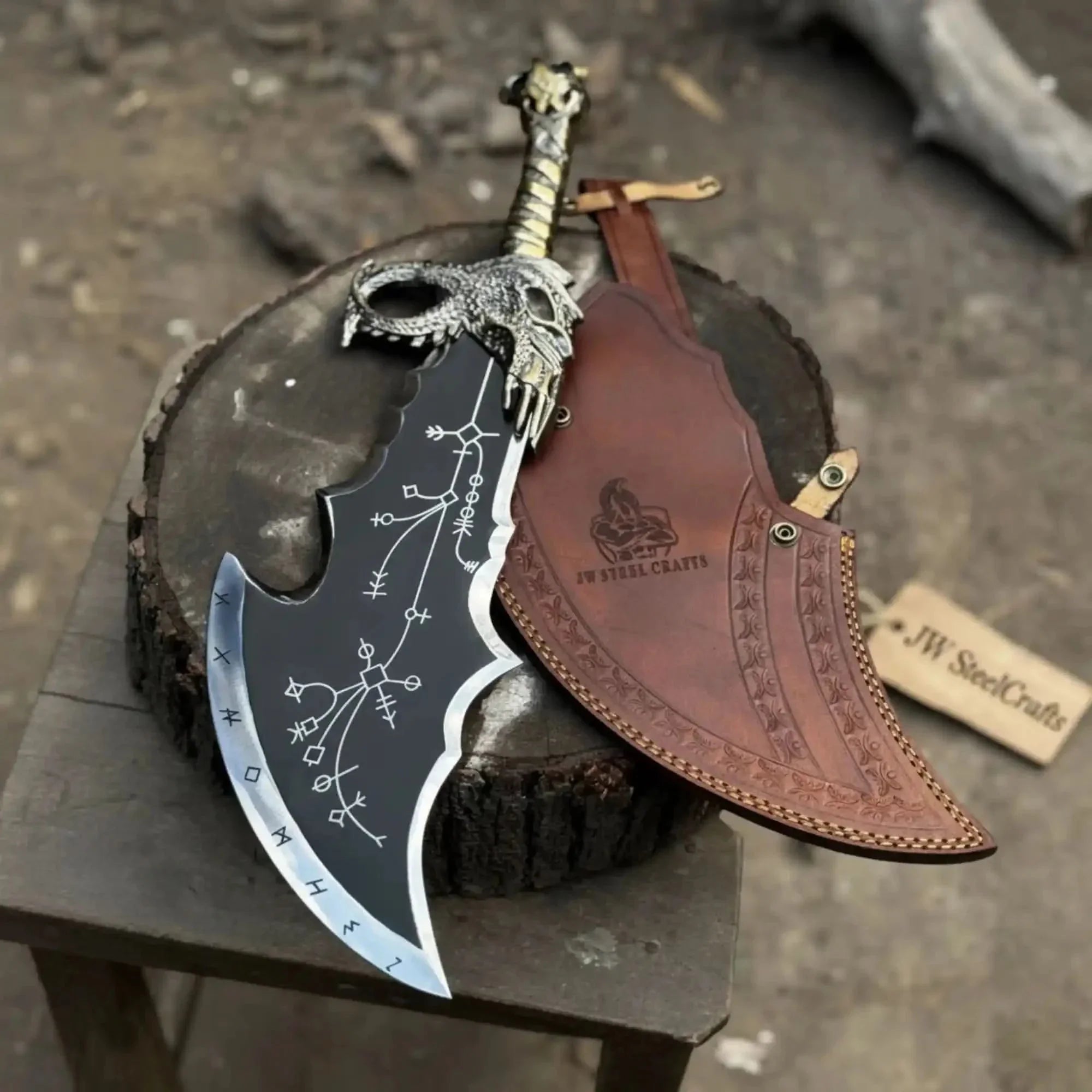 Kratos Inspired Blades of Chaos 18-20 Inch Etched Fantasy Knife with Leather Sheath