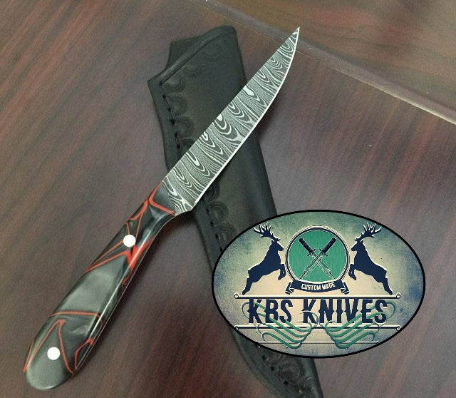 Epoxy Resin Handmade Damascus Steel Fillet-Boning Knife with Leather Sheath by KBS Knives Store (SC)