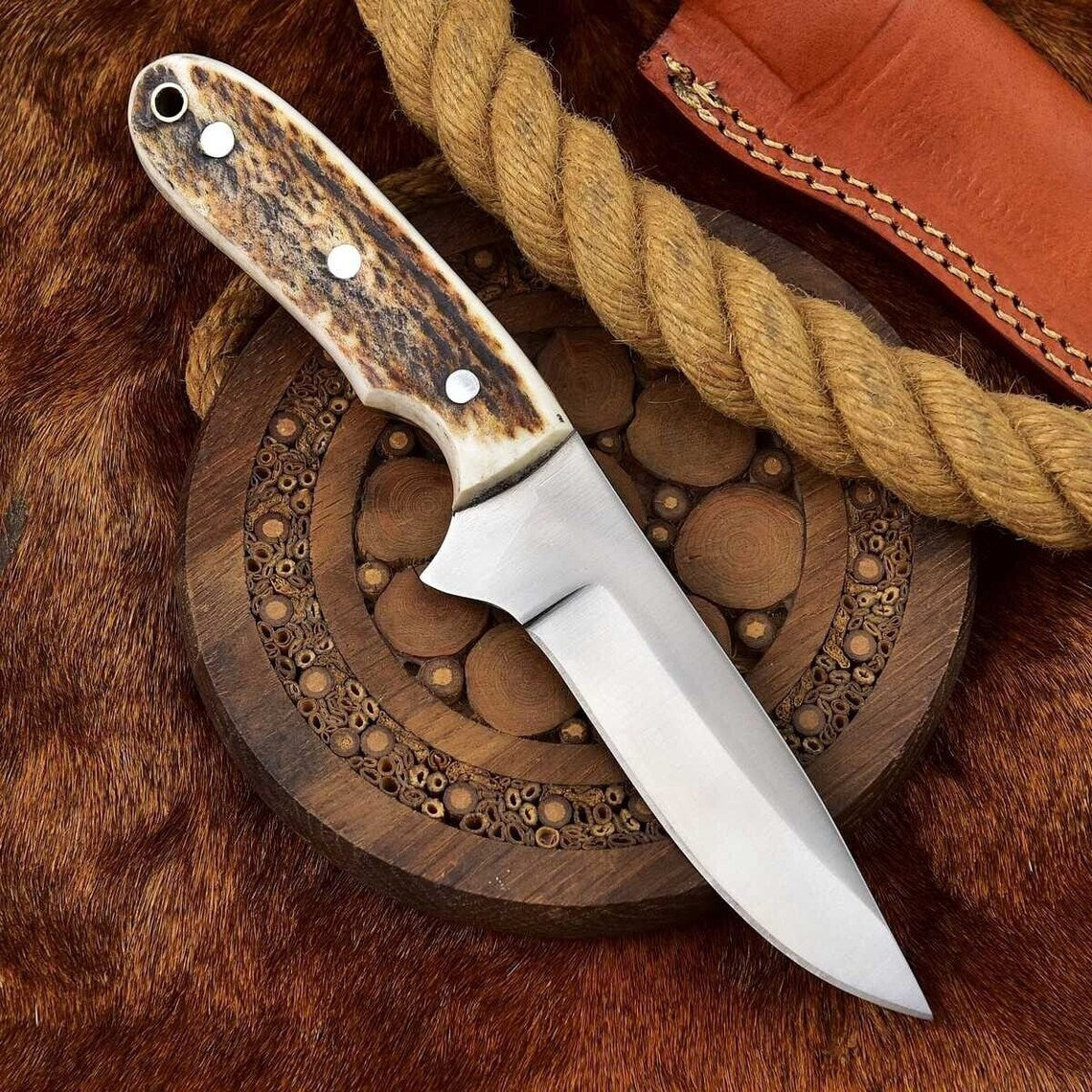 Custom Handmade D2 Steel Skinning Knife with Leather Sheath