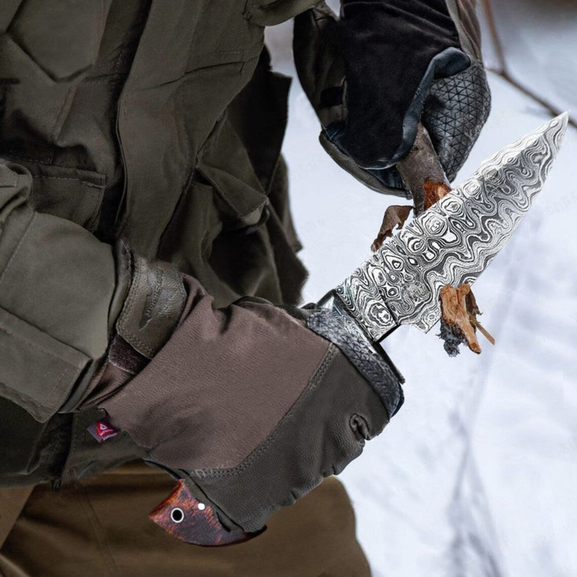 "Custom Handmade Damascus Steel Hunting Camping Knife | Rosewood-Damascus Guard Handle | 9.5 Inches | Leather Sheath | KBS Knives Store" (SC)